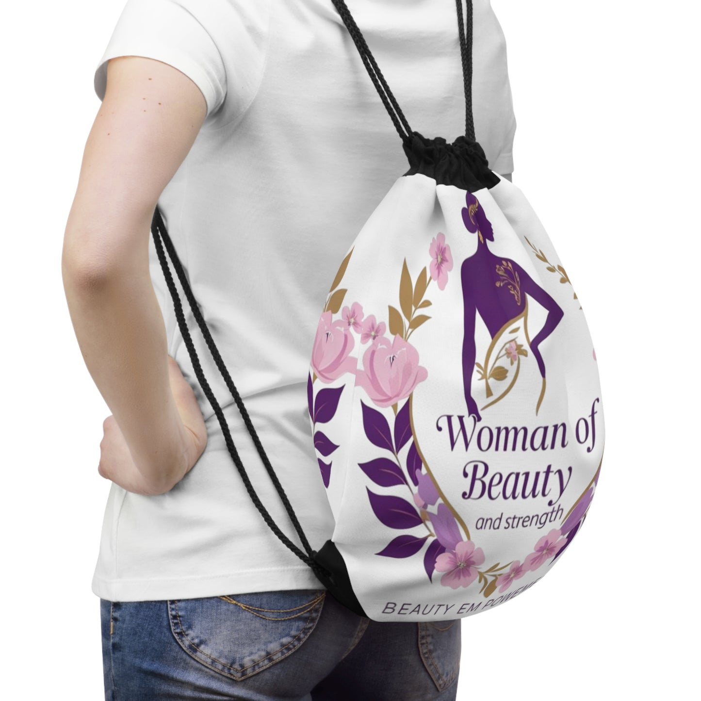 Empowering Floral Drawstring Bag - Woman of Beauty and Strength, Workout Bag, Gift for Her, Inspirational Tote, Travel Accessory