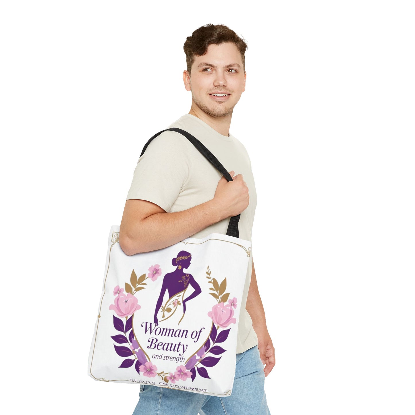 Empowering Floral Tote Bag, Woman of Beauty and Strength, Inspirational Gift, Stylish Eco-Friendly Bag, Perfect for Everyday Use