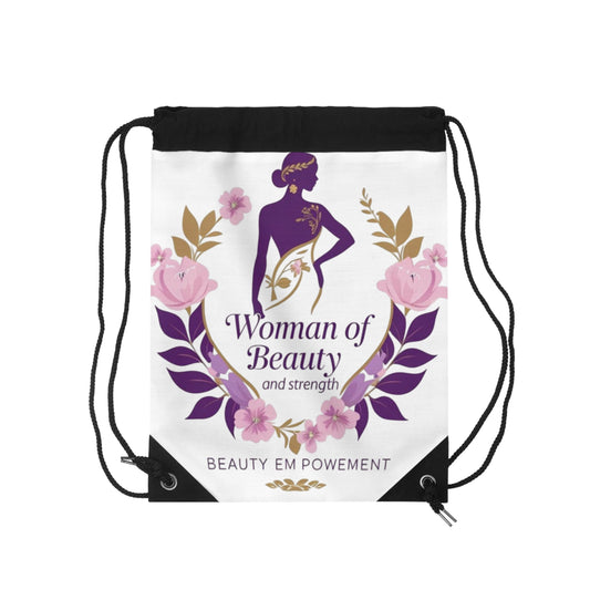 Empowering Floral Drawstring Bag - Woman of Beauty and Strength, Workout Bag, Gift for Her, Inspirational Tote, Travel Accessory