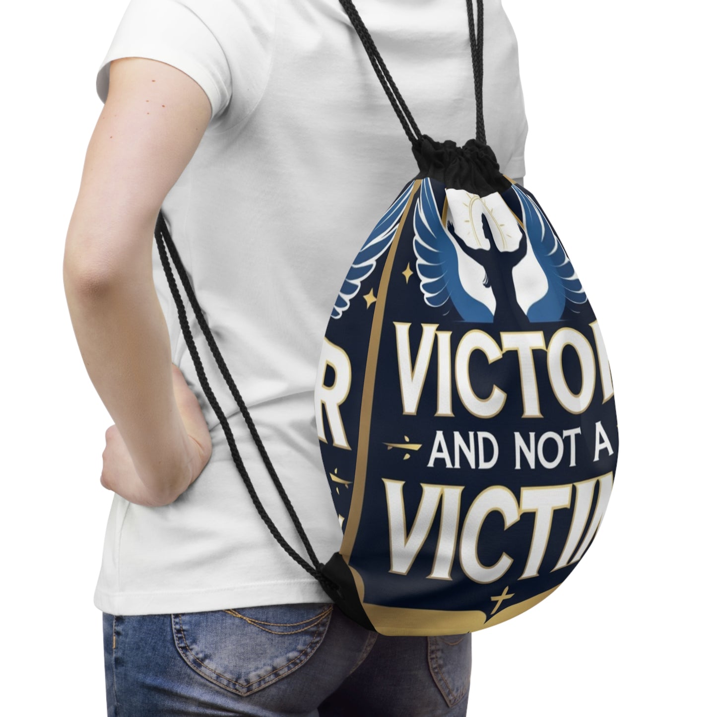 Empowering Drawstring Bag – Victor and Not a Victim, Motivational Gift, Gym Tote, Inspirational Storage, Daily Use Bag