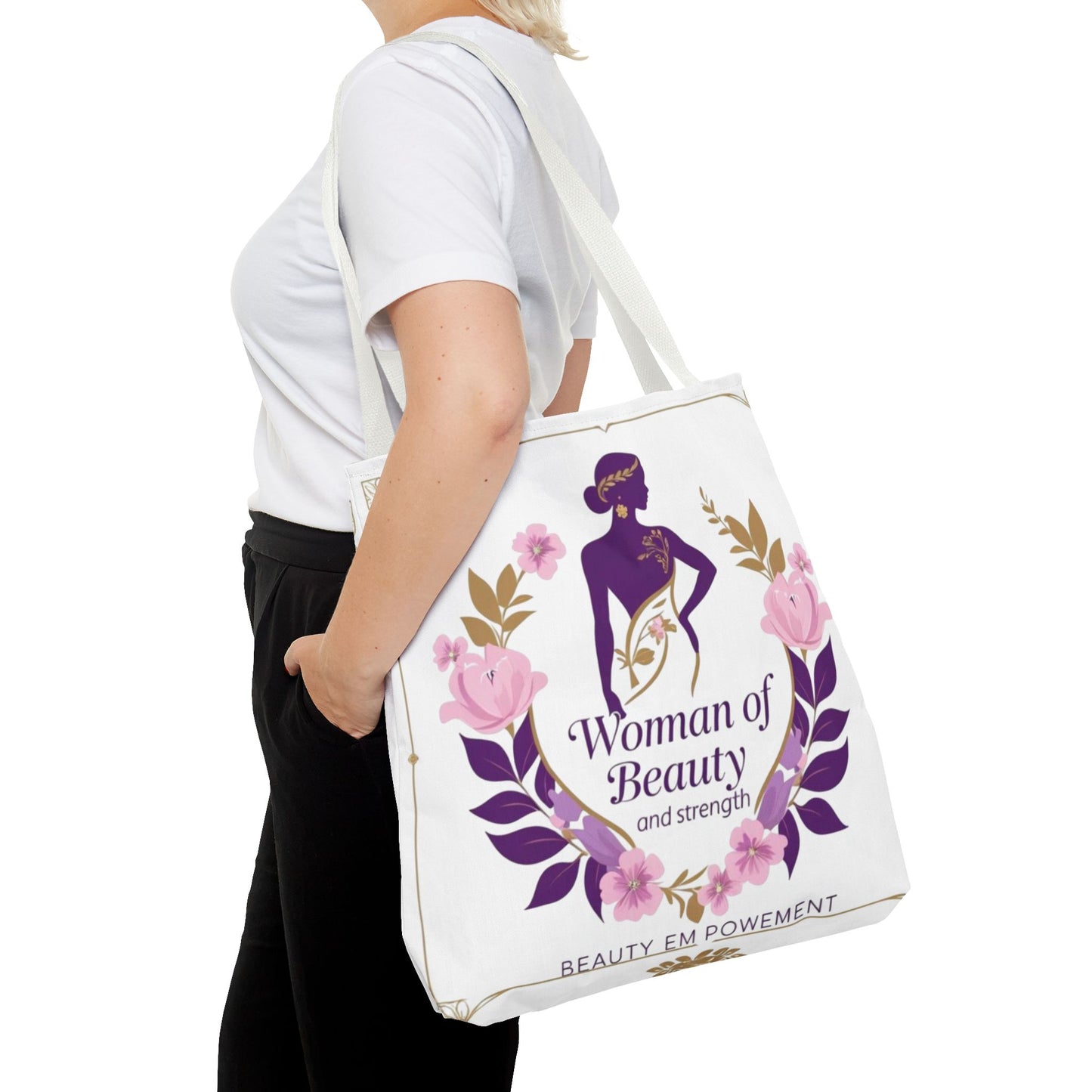 Empowering Floral Tote Bag, Woman of Beauty and Strength, Inspirational Gift, Stylish Eco-Friendly Bag, Perfect for Everyday Use
