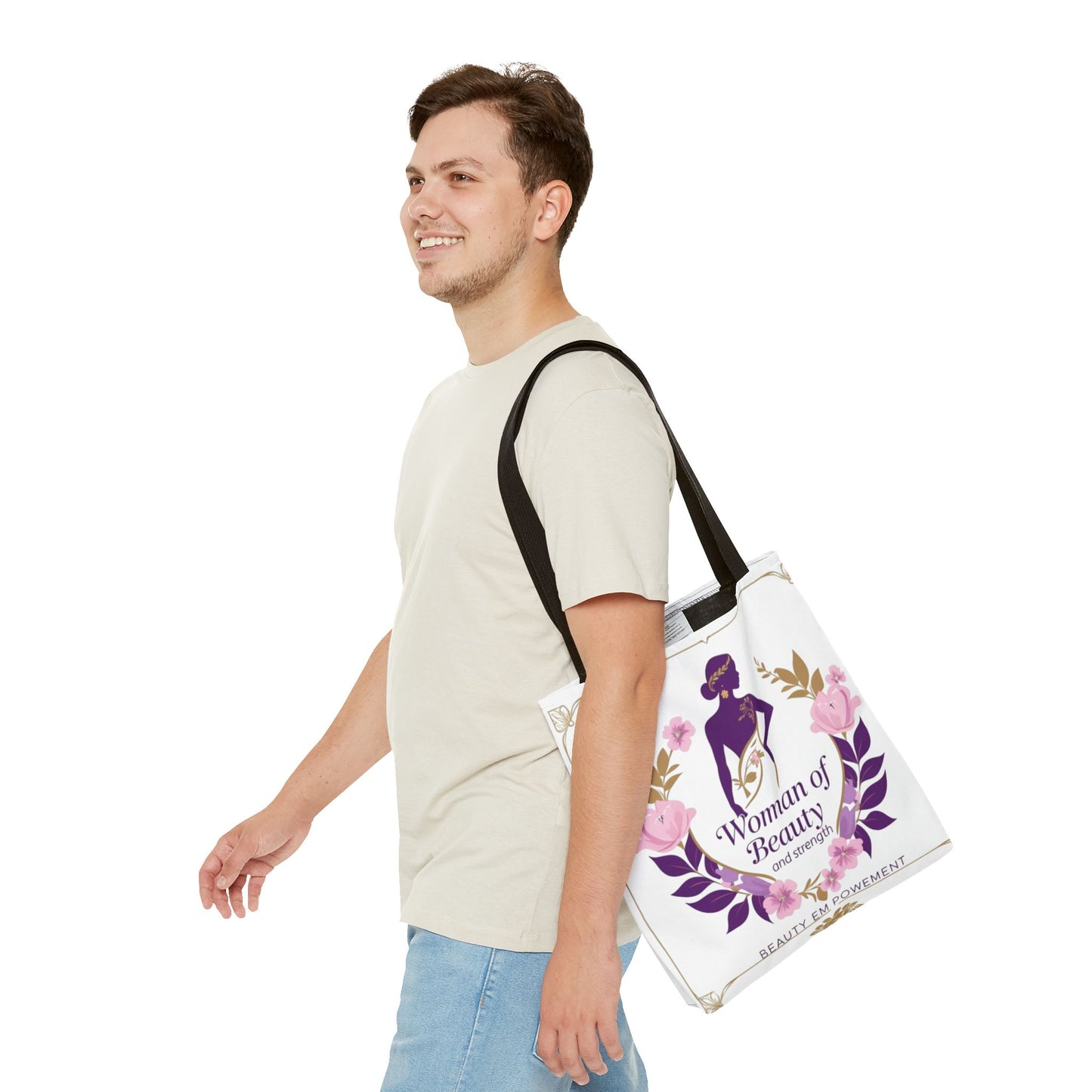 Empowering Floral Tote Bag, Woman of Beauty and Strength, Inspirational Gift, Stylish Eco-Friendly Bag, Perfect for Everyday Use