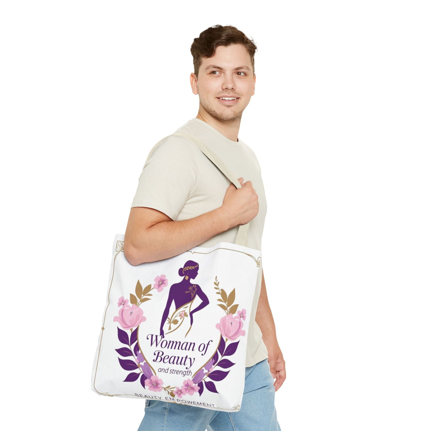 Empowering Floral Tote Bag, Woman of Beauty and Strength, Inspirational Gift, Stylish Eco-Friendly Bag, Perfect for Everyday Use