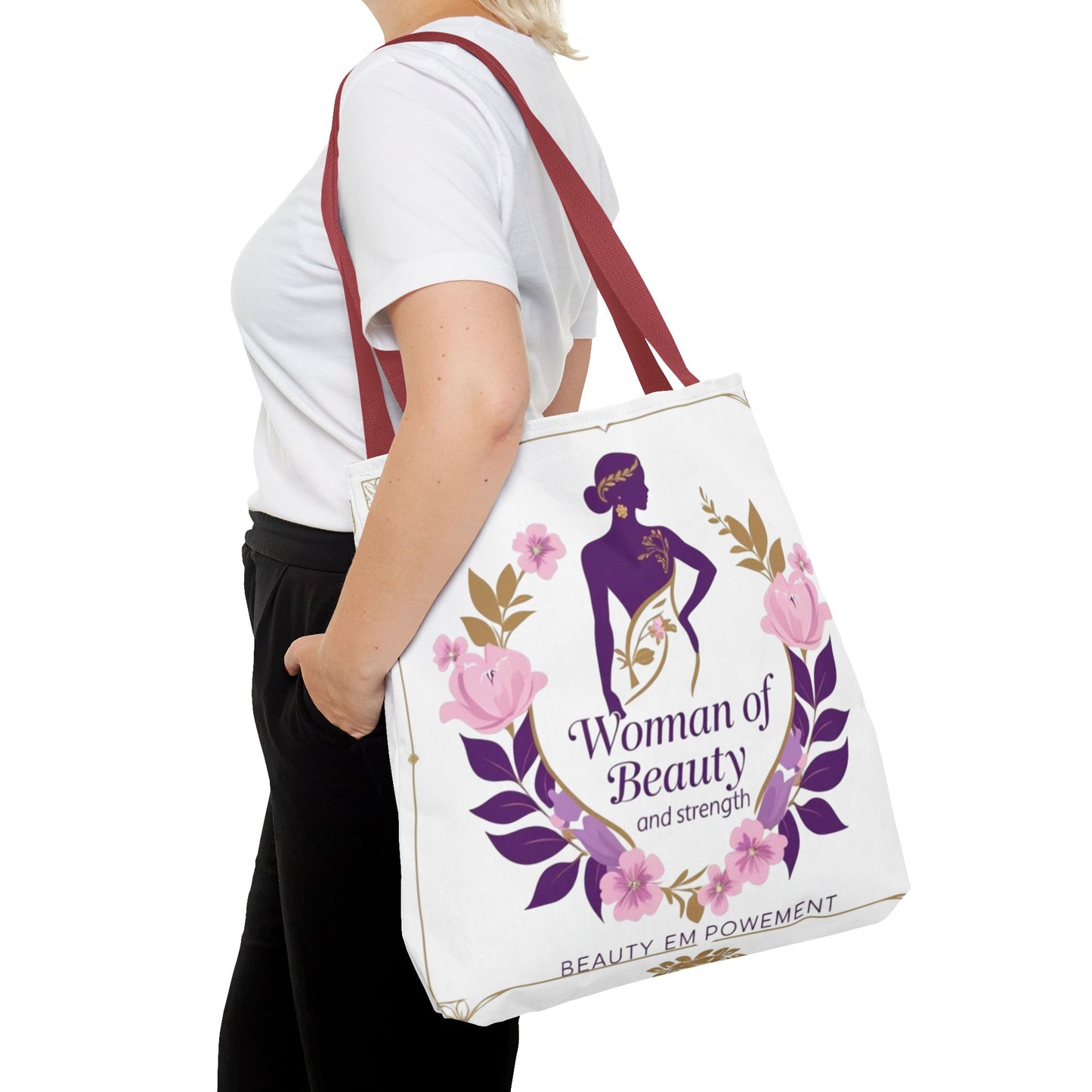 Empowering Floral Tote Bag, Woman of Beauty and Strength, Inspirational Gift, Stylish Eco-Friendly Bag, Perfect for Everyday Use